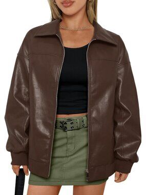 Women's Brown Polyester Oversized Zip Up Trendy Fashion Winter Leather Jacket